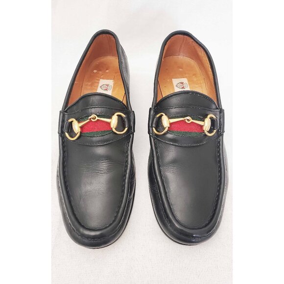 Vintage Gucci  Men’s Black Leather Gold Horsebit Loafers Shoes Green Red 41 M main image 9